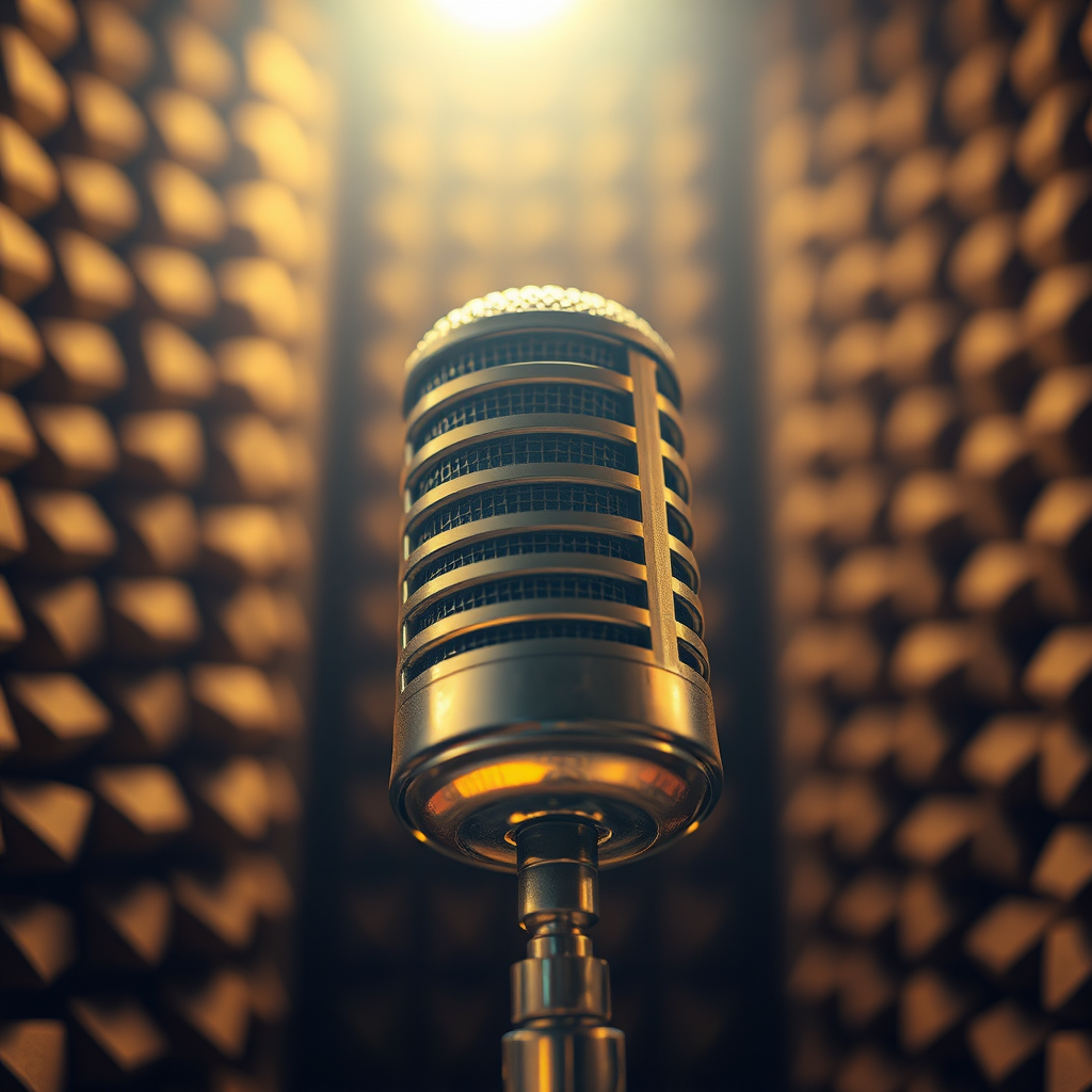 A photorealistic close-up of a vintage microphone in a recording studio, surrounded by soundproofing foam. Soft, warm light illuminates the microphone, creating a sense of intimacy and invitation. Focus on the texture of the microphone's mesh and the surrounding materials. Style: Classic, nostalgic. Technical Specs: 4K, high quality.