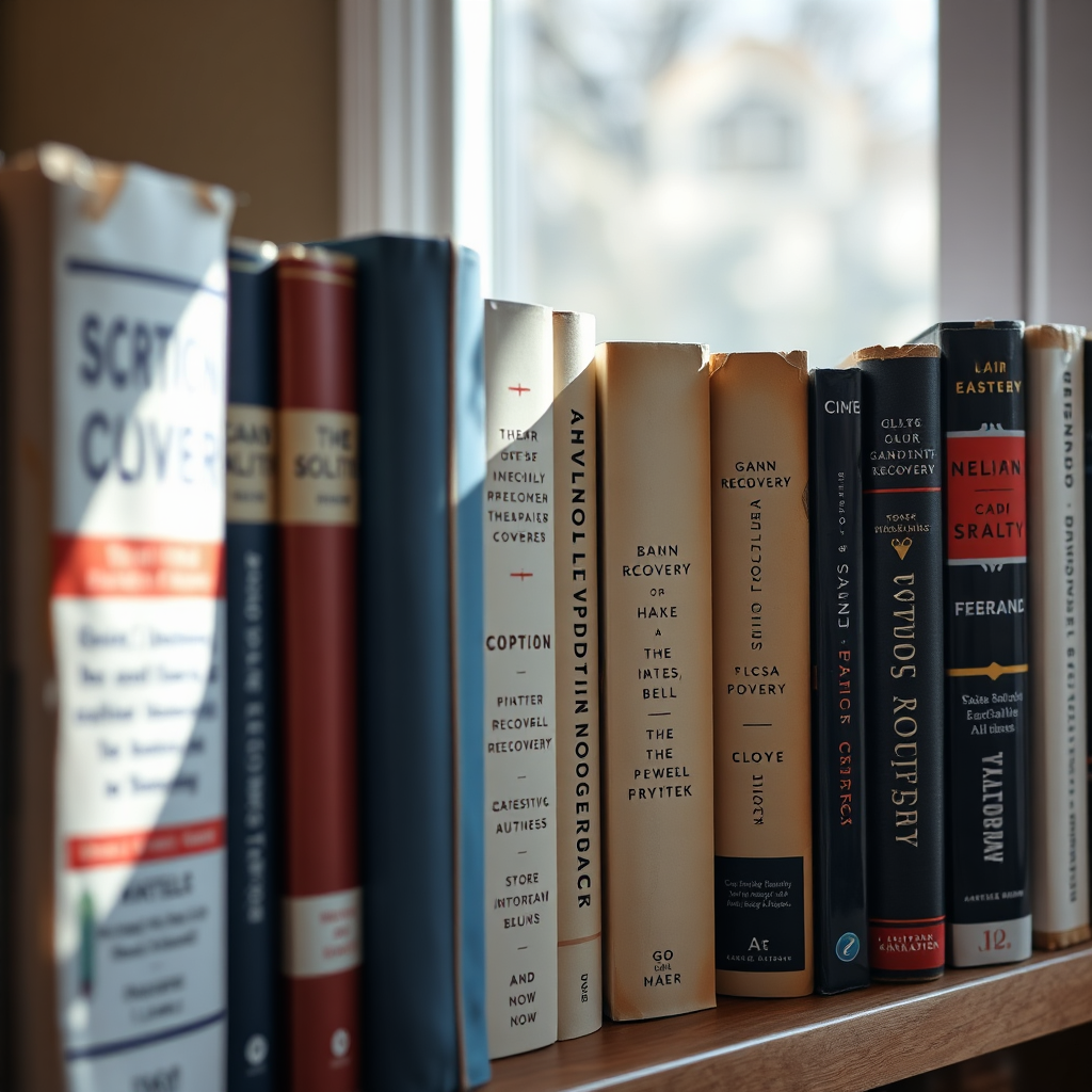 A photorealistic image of a bookshelf filled with books on addiction recovery, mental health, and personal growth. Soft, natural light streams in from a nearby window, illuminating the titles. Focus on the texture of the book covers and the worn edges of the pages. Style: Classic, educational. Technical Specs: 4K, high quality.