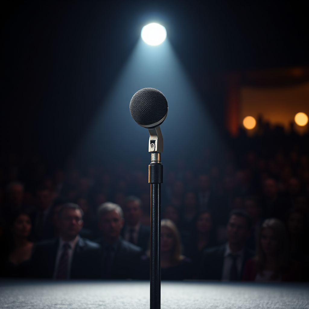  A photorealistic image of a single microphone stand on a stage bathed in a spotlight. The background is blurred, suggesting an audience listening intently. The microphone is slightly worn, implying its use over time. The lighting is dramatic, creating a sense of anticipation and importance. The color palette is mostly dark, with a strong contrast from the bright spotlight. The camera angle is a close-up, focusing on the microphone itself. Texture details capture the metallic sheen and subtle imperfections. Style: Dramatic realism. Technical Specs: 4K resolution, high quality.