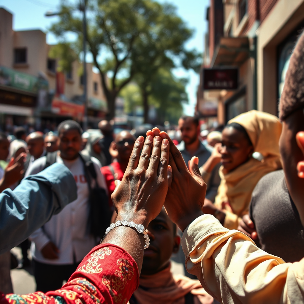  A photorealistic image of diverse hands reaching into the center of a circle. The hands are different shapes, sizes, and skin tones. Each person is clasping the other's hand firmly. The lighting is warm and inviting. The colors are muted, symbolizing the trust and support in the relationship between the hands. The camera angle is a close-up, focusing on the hands in the center. Texture details capture the wrinkles, veins, and creases of the hands. Style: Humanistic realism. Technical Specs: 4K resolution, high quality.