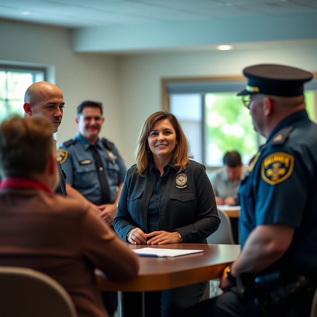 A respectful and reassuring image of Robyn Chadwick meeting with local police officers and community members at a neighborhood watch meeting. The lighting should be soft and even, creating a sense of trust and collaboration. The setting could be a community center or a local park. The color palette should be calming and professional, with blues and greens dominating. Camera: Panasonic Lumix GH5, lens: 12-60mm, aperture f/3.5. 4K resolution, high quality.