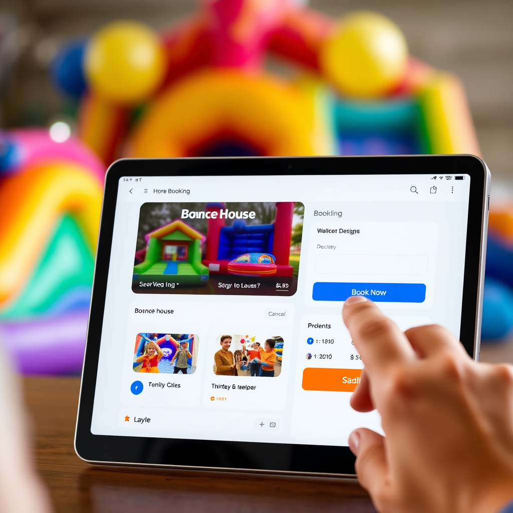 A screenshot of a user-friendly online booking system on a tablet or laptop. The interface shows a clear and easy-to-navigate selection of bounce houses, dates, and times. The user clicks on the 'Book Now' button. The backdrop is a softly focused party scene. Style: Modern, clean. Technical specs: 4K resolution.
