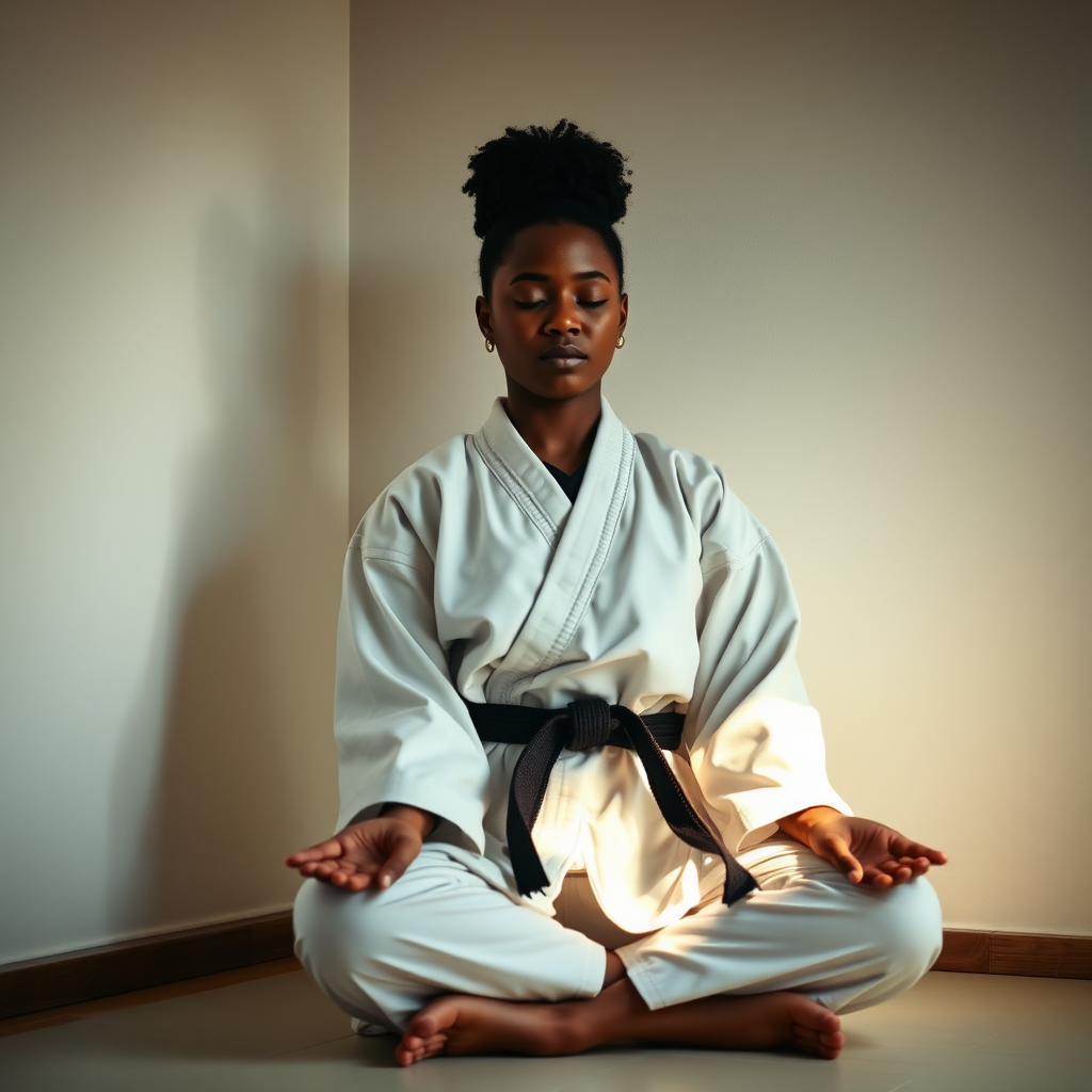 A serene image of Safiyah Johnson meditating in a quiet corner of the dojo, showcasing the mental discipline and focus that Taekwondo promotes. Soft lighting and peaceful ambiance. Style: Serene portrait photography. Technical specs: 4K resolution, calming atmosphere.