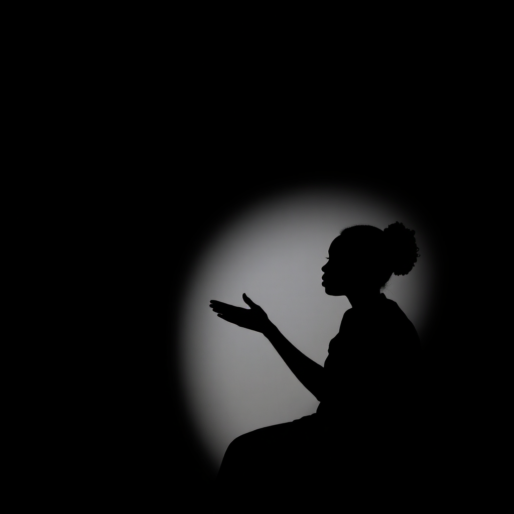 A stylized image representing the transformative power of sharing one's story. The central figure is a silhouette gradually filling with vibrant colors as they speak into a microphone. The background transitions from dark and chaotic to bright and ordered, symbolizing the journey from addiction to recovery. The lighting emphasizes the figure's face, highlighting determination and hope. The color palette shifts from muted grays and blacks to bright yellows, oranges, and blues. The camera angle is a dramatic low angle, emphasizing the figure's strength. Texture details are minimal, focusing on the smooth gradients of color. Style: Abstract, symbolic. Technical Specs: 4K resolution, high quality vector graphics.