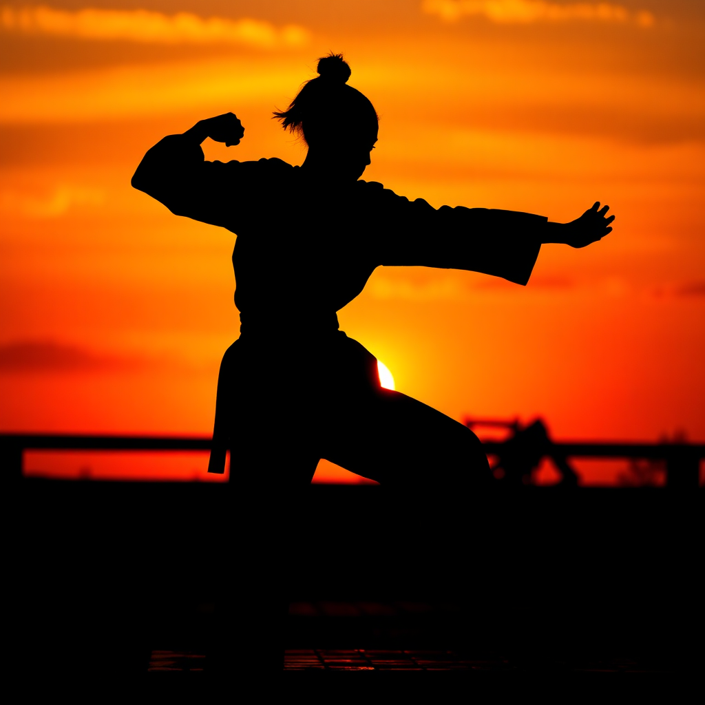 A silhouette of Safiyah Johnson practicing Taekwondo forms against a fiery sunset backdrop. The image symbolizes her passion and dedication to achieving her Black Belt. Focus on the dynamic movement and the powerful silhouette. Style: Dramatic silhouette photography. Technical specs: 4K resolution, high contrast.