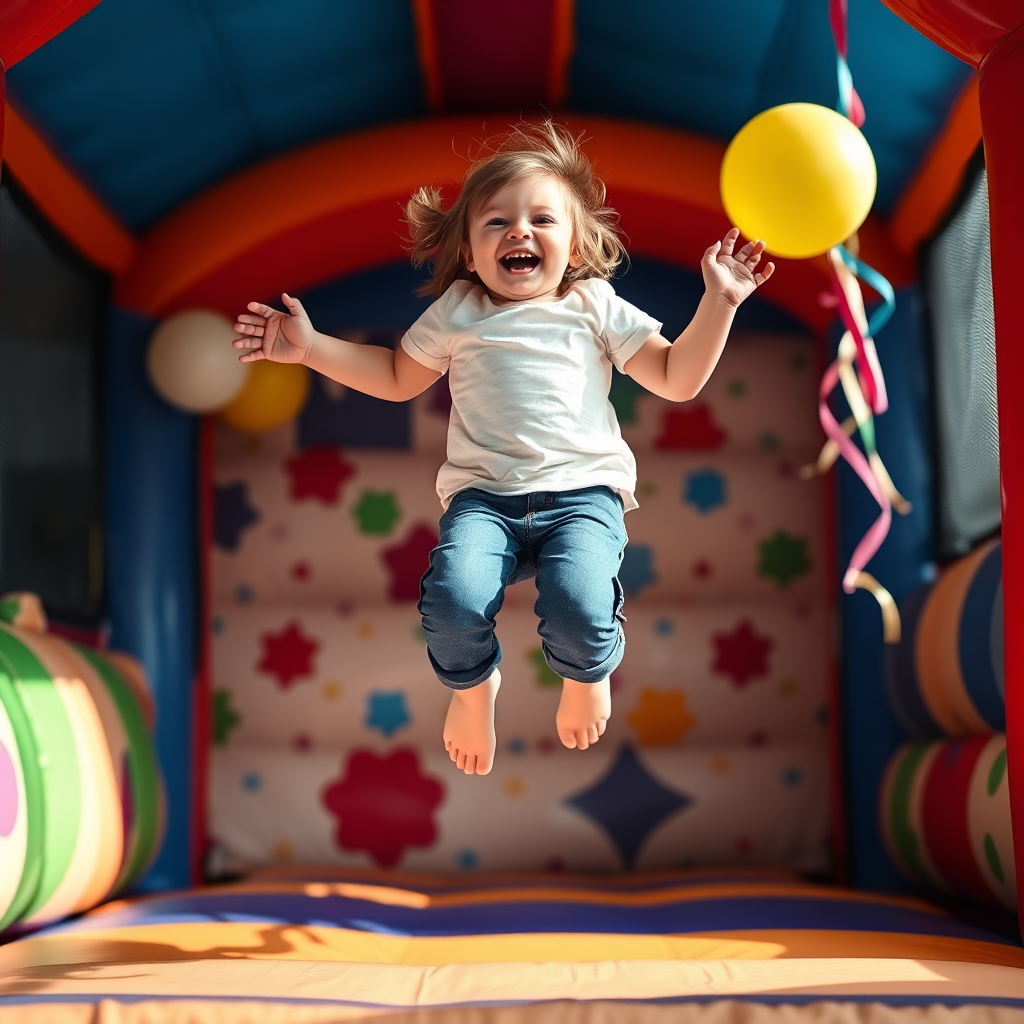 A vibrant image of a child mid-air, laughing, while jumping in a bounce house. The bounce house is decorated with fun, colorful themes. The camera captures the peak of their jump, conveying excitement and energy. The background includes blurred party elements like balloons and streamers. The focus is on the child's expression of joy. The lighting should be bright and cheerful. Style: Photorealistic. Technical specs: 4K resolution.