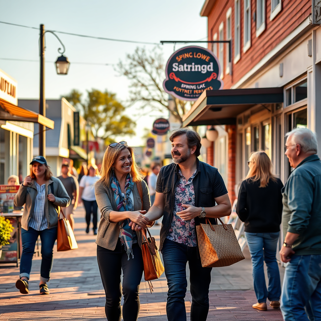 A vibrant image showcasing a bustling street scene in downtown Spring Lake, with Robyn Chadwick walking alongside local business owners, shaking hands and engaging in conversation. The scene should be lively and energetic, capturing the spirit of entrepreneurship. Golden hour lighting should create a warm and inviting atmosphere. The color palette should be rich and diverse, reflecting the variety of businesses in the area. Camera: Fujifilm X-T4, lens: 16-80mm, aperture f/4.0. 4K resolution, high quality.