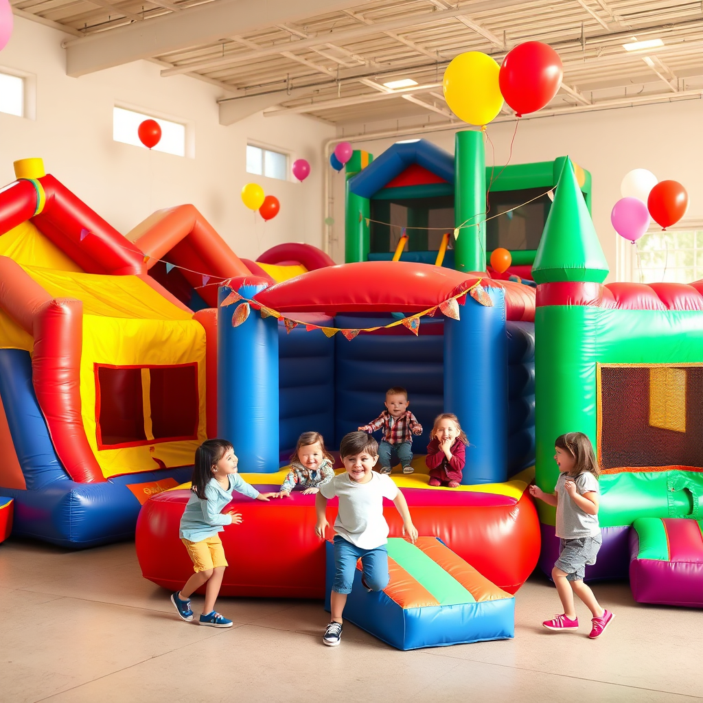 A visually appealing image of multiple bounce houses of different shapes, sizes and colors, arranged in a clean and organized setting. Children are laughing and playing safely under parental supervision. Balloons and party decorations add to the festive atmosphere. The lighting is bright and cheerful. Style: Photorealistic. Technical specs: 4K resolution.