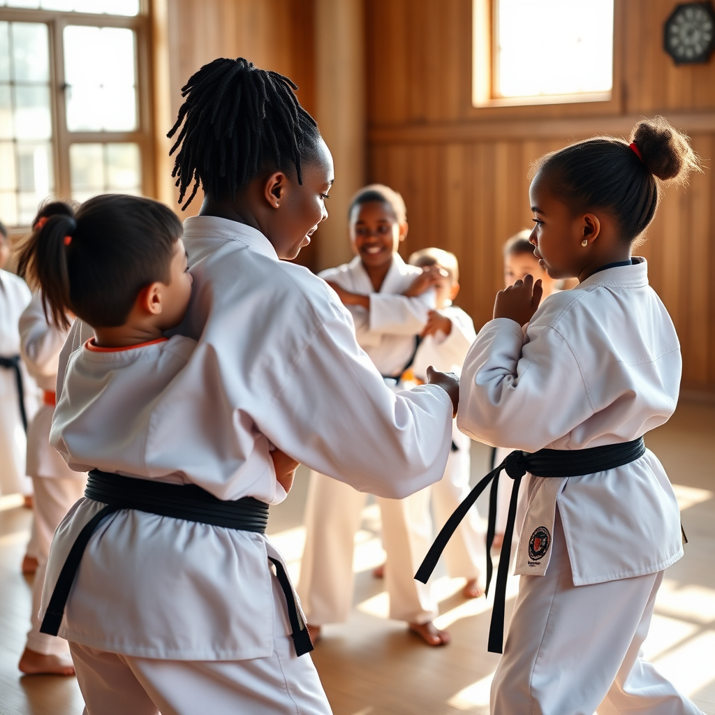 A wide shot capturing Safiyah Johnson leading a group of younger Taekwondo students in a training drill at a local Wesley Chapel dojo. The atmosphere is energetic and supportive, highlighting Safiyah's role as a mentor. Sunlight streams in through the windows. Style: Community sports photography. Technical specs: 4K resolution, natural lighting.