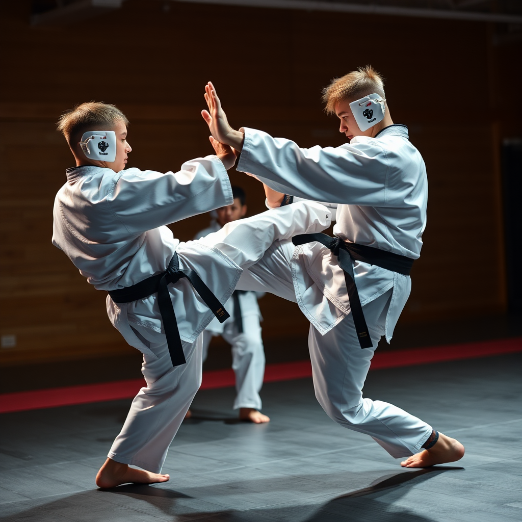 Advanced Taekwondo students engaged in rigorous sparring exercises, demonstrating complex techniques and agility. The lighting is dynamic, capturing the speed and power of the movements. Style: High-action sports photography. Technical specs: 4K resolution, fast shutter speed.
