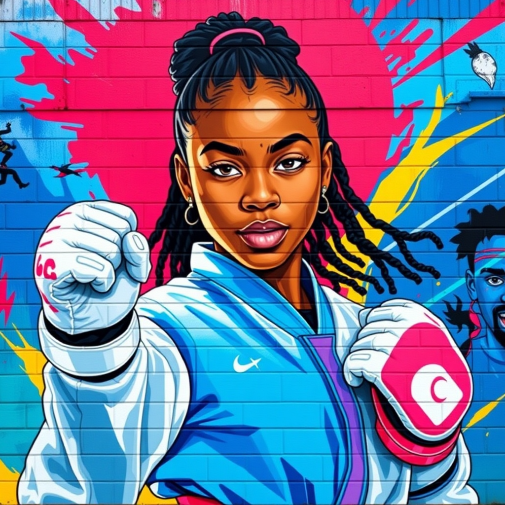 An artistic rendering of Safiyah Johnson as a legendary Taekwondo figure, depicted in a stylized mural with vibrant colors and heroic poses. The mural represents her future legacy and impact on the sport. Style: Artistic mural illustration. Technical specs: 4K resolution, bold colors.