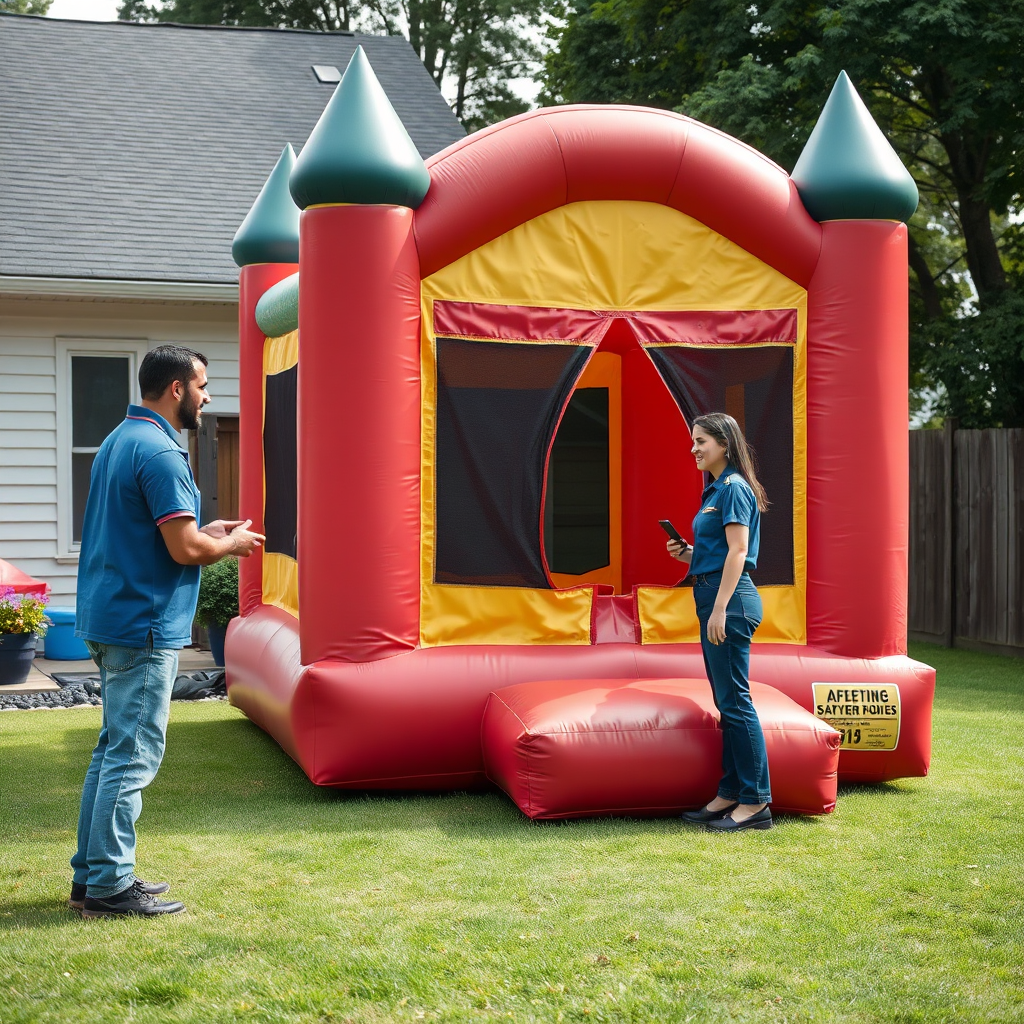 An image depicting professional staff delivering and setting up a bounce house. Safety precautions are highlighted, such as securing the bounce house properly. Friendly and helpful staff members are interacting with the customer. The background is a residential backyard. Lighting provides optimal clarity of the setup process. Style: Photorealistic. Technical specs: 4K resolution.