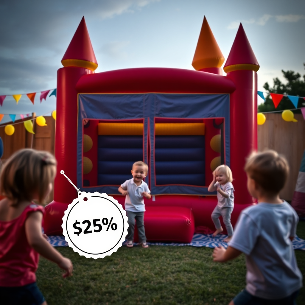 An image showing a bounce house setup at a party, with happy children playing. Superimposed on the image are subtle graphical elements that convey value and affordability, like a small price tag or a percentage discount sign, blended naturally into the party scene. Style: Photorealistic. Technical specs: 4K resolution.