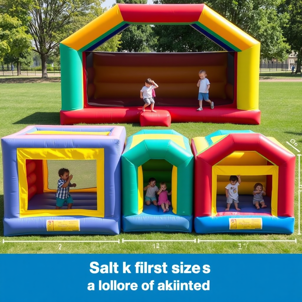 An image showing different sizes of bounce houses side-by-side, with children playing in each. This illustrates the varying capacities and helps visualize the scale. The setting is a park or open field. Clear markings indicate the dimensions. The lighting is bright and natural. Style: Photorealistic. Technical specs: 4K resolution.