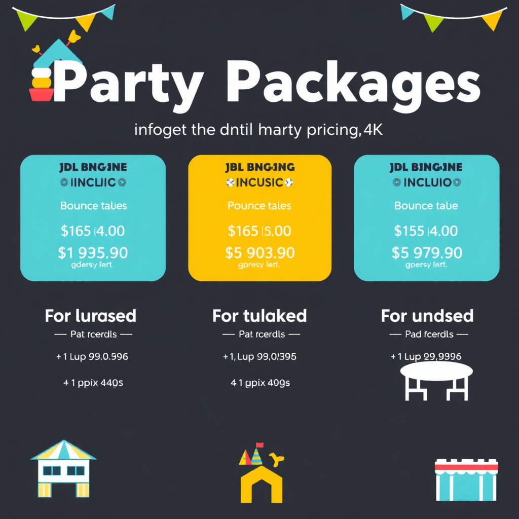 An infographic-style image displaying different party packages with clear pricing and included items (bounce house, tables, chairs, etc.). The design is clean and visually appealing, using icons and vibrant colors. The layout is easy to understand and highlights the value of each package. Style: Graphic, clean. Technical specs: 4K resolution.