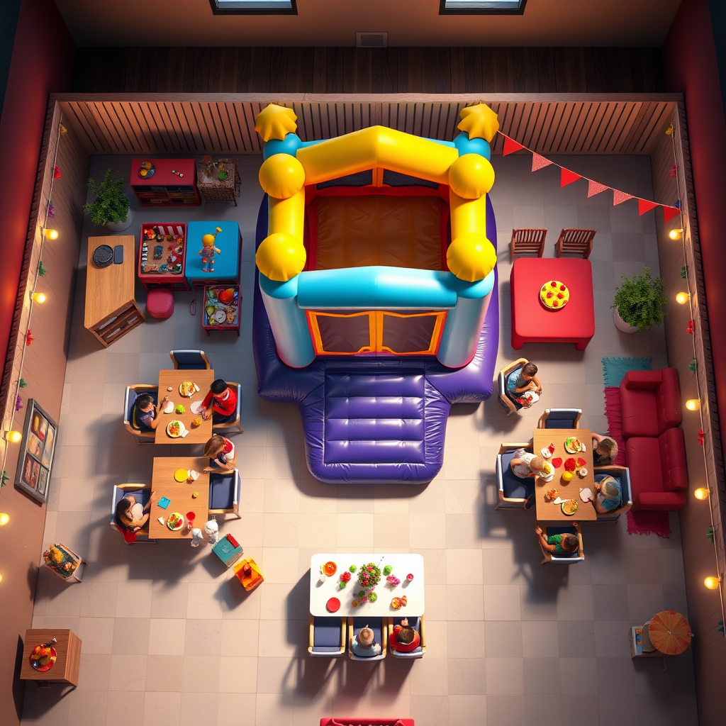 An overhead shot showcasing a fully setup party scene with a bounce house, tables, chairs, and party decorations. Food, drinks, and happy guests are also visible. This illustrates the convenience and completeness of the party packages. The lighting is warm and inviting. Style: Photorealistic. Technical specs: 4K resolution.