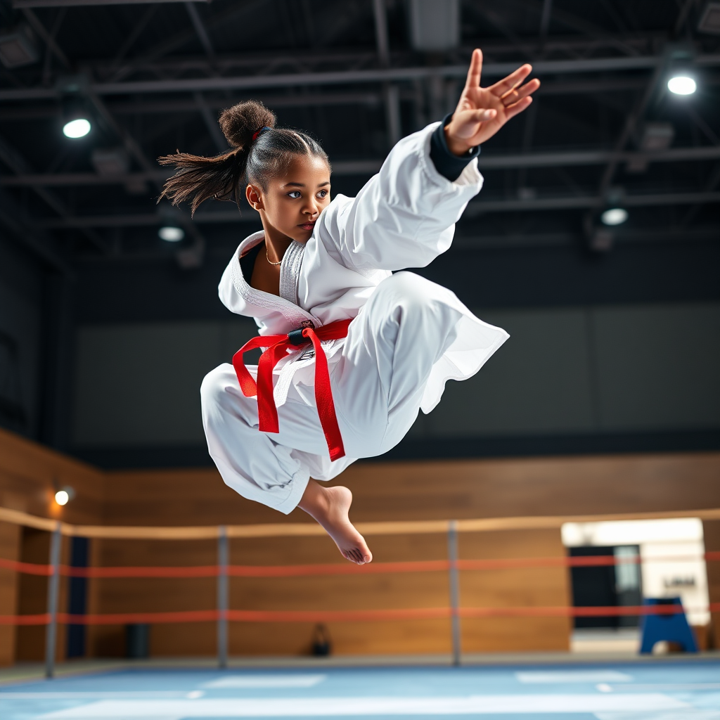 Capture a dynamic, photorealistic image of Safiyah Johnson, a young Taekwondo athlete, in mid-air executing a powerful spinning hook kick during a sparring match. She is wearing a pristine white Taekwondo uniform with a vibrant red belt. The background features a blurred, modern Taekwondo training facility with focused spotlights highlighting her athleticism. The lighting should be dramatic, with a shallow depth of field to emphasize her movement. Colors are sharp and saturated, reflecting the energy of the sport. The camera angle is low, capturing the upward trajectory of the kick. Textures of the uniform and the sweat on her brow are hyperrealistic. Style reference: high-action sports photography. Technical specs: 8K resolution, hyperrealistic rendering.