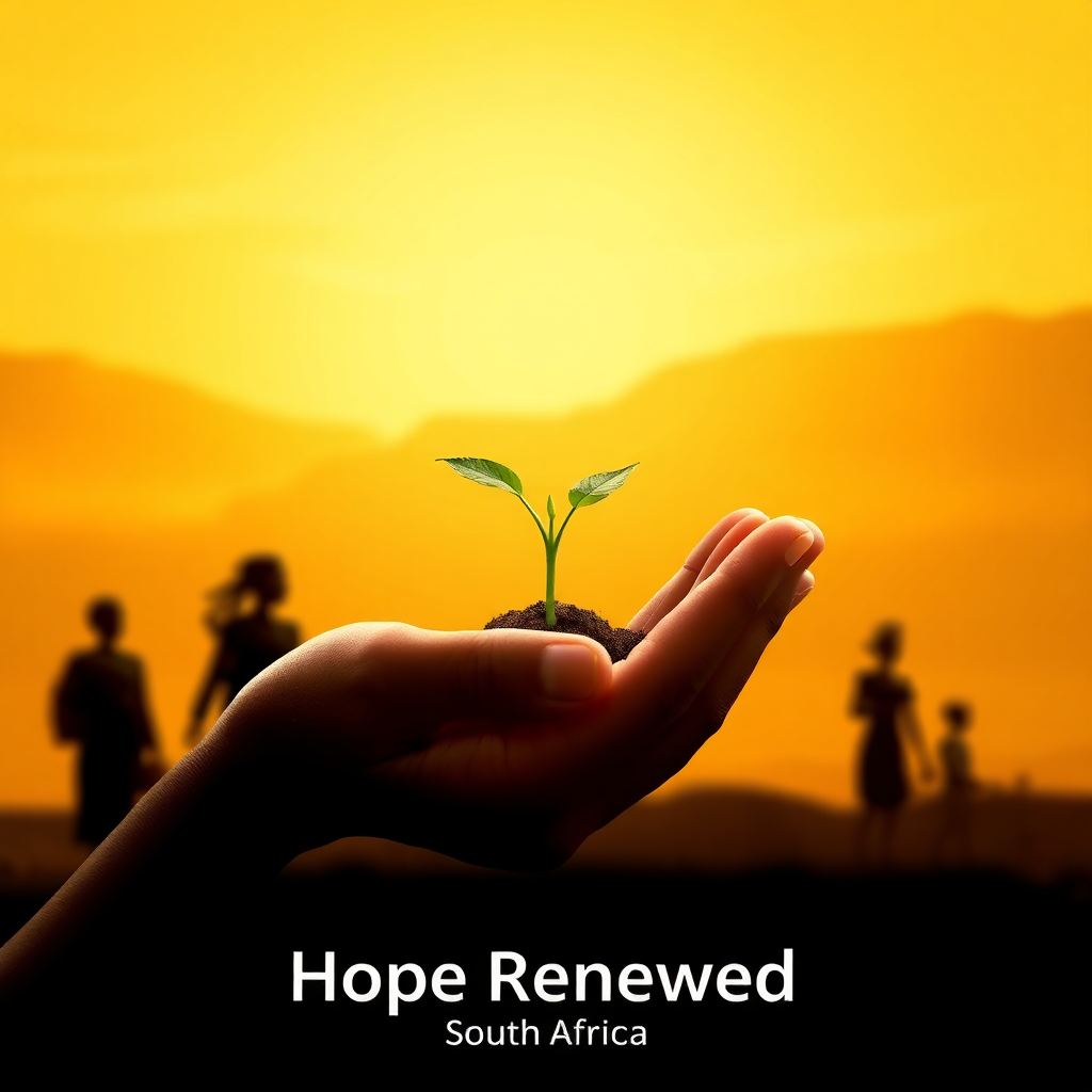 Create a 4K resolution, high-quality image that embodies Hope Renewed South Africa's mission. The image should feature a stylized representation of a hand gently holding a sprouting seed, symbolizing growth and potential. The background should be an abstract representation of the South African landscape, using warm, earthy tones. Incorporate subtle silhouettes of women and children in the background, representing the beneficiaries of the organization. The lighting should be soft and diffused, creating a sense of hope and compassion. The color palette should be warm and inviting, with yellows, oranges, and browns dominating. Consider a slightly elevated camera angle to emphasize the importance of the seed. Style reference: Combine elements of minimalist design with a touch of photorealism to create a visually compelling image that resonates with the organization's mission. Pay special attention to texture on the hand and the sprouting seed to make the image more engaging.