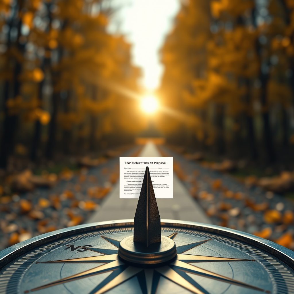 Create a photorealistic image showing a compass pointing towards a radiant source of light. Overlaid on the compass, subtly depict a grant proposal document. The background should be a path leading toward the light source, symbolizing purposeful direction. The color palette should be warm, with golden hues and deep blues. Camera angle: slightly elevated to show depth. Resolution: 4K, high quality.