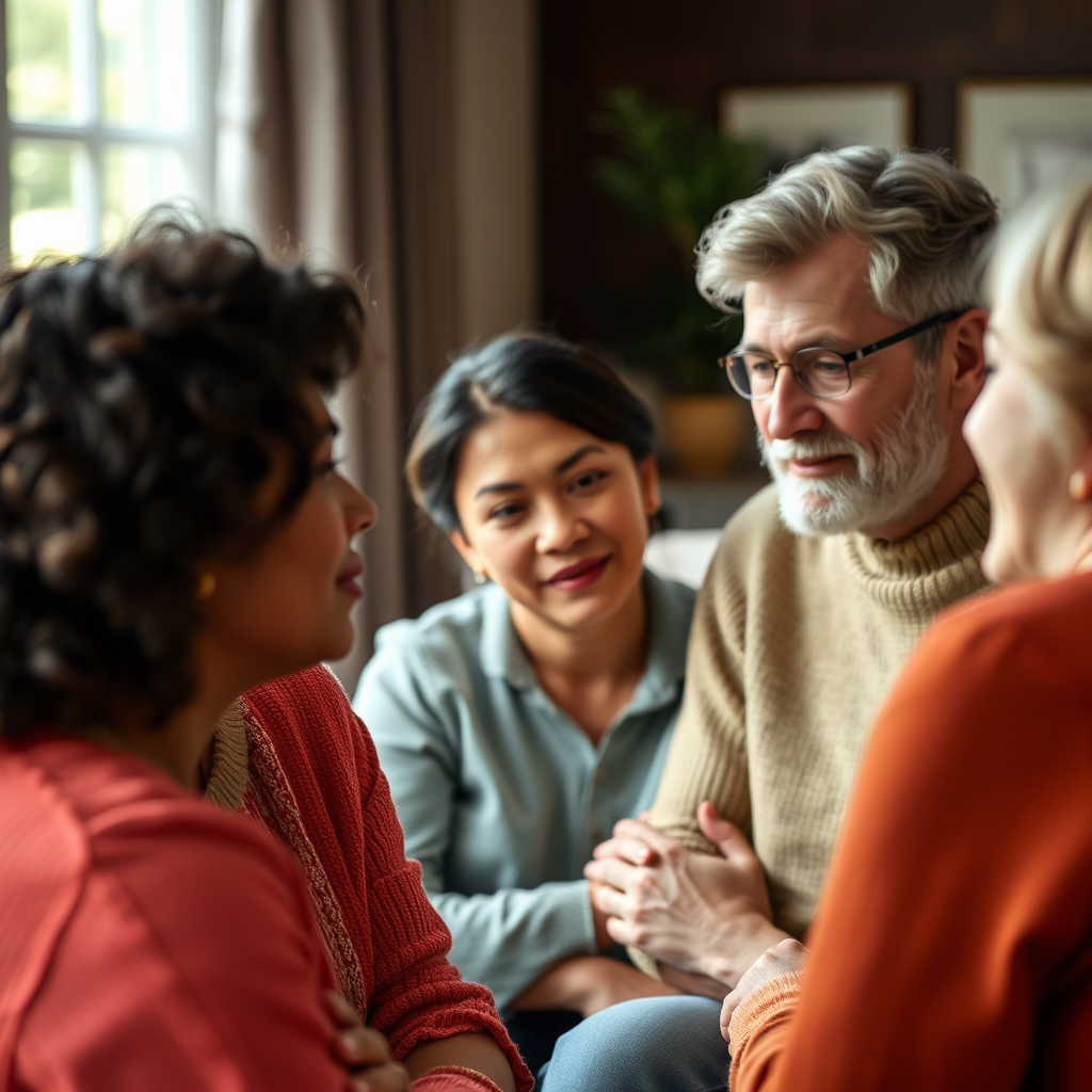 Create a photorealistic image depicting a shared moment of understanding and empathy within a support group. Focus on the facial expressions of participants as they listen to and connect with each other. Use a close-up shot to capture the emotional depth of the scene. 4K resolution.