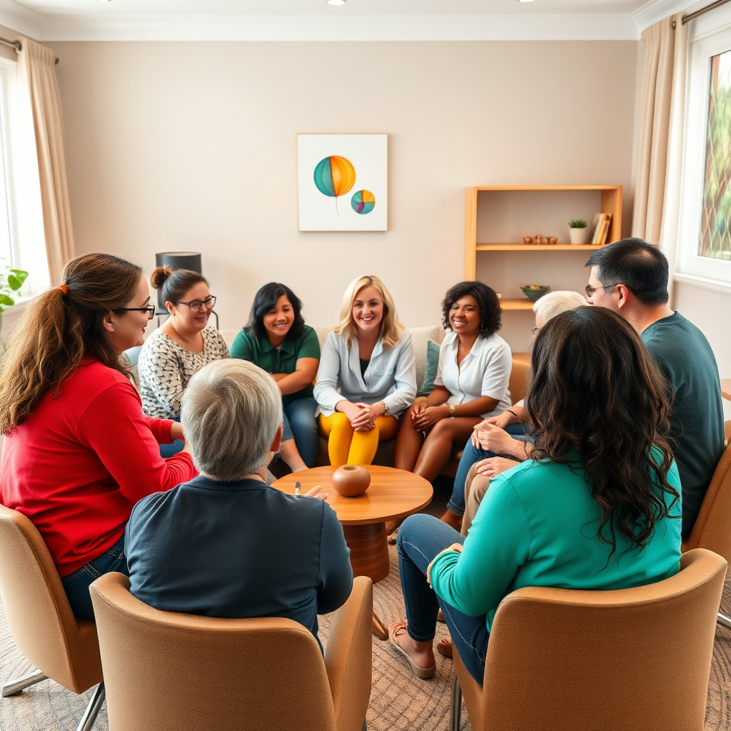 Create a photorealistic image of a vibrant and supportive support group meeting. Show a diverse group of people sitting in a circle, sharing their stories and offering encouragement. The atmosphere should be warm and inclusive. Use a wide-angle shot to capture the group dynamic. 4K resolution.