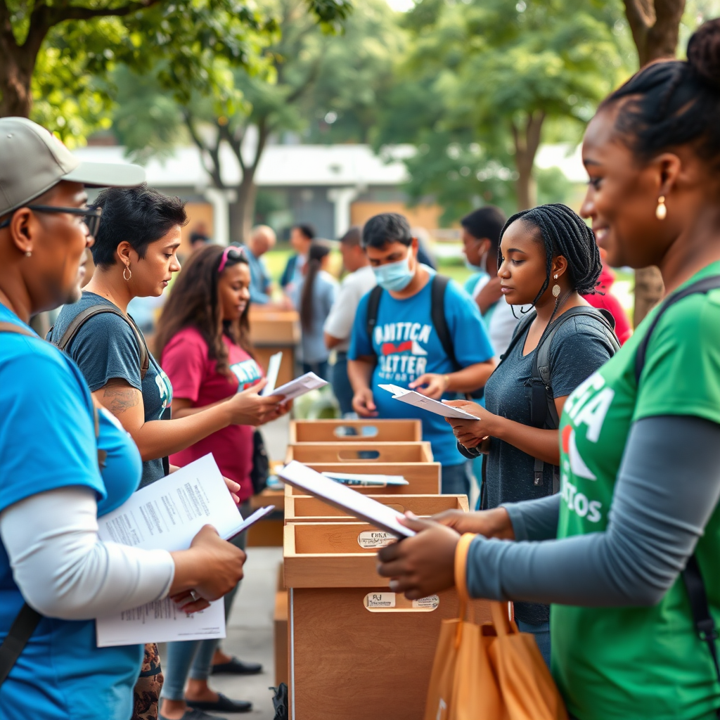 Create a photorealistic image of a community outreach event. Show volunteers distributing information and engaging with community members. The scene should be set in a public space, such as a park or community center. 4K resolution.