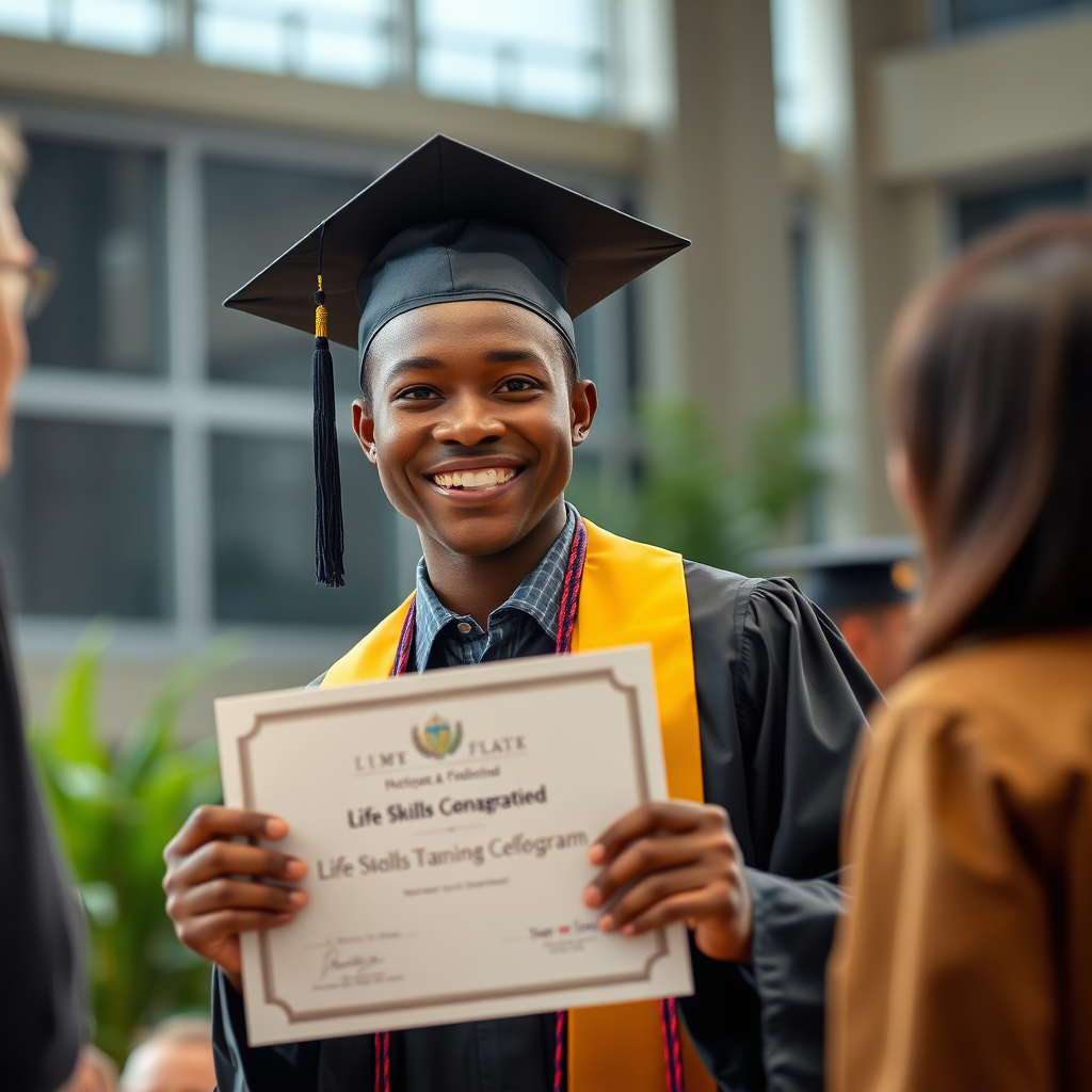 Create a photorealistic image depicting a graduate of a life skills training program receiving a certificate. Show the graduate smiling with pride and confidence. The atmosphere should be celebratory and uplifting. 4K resolution.