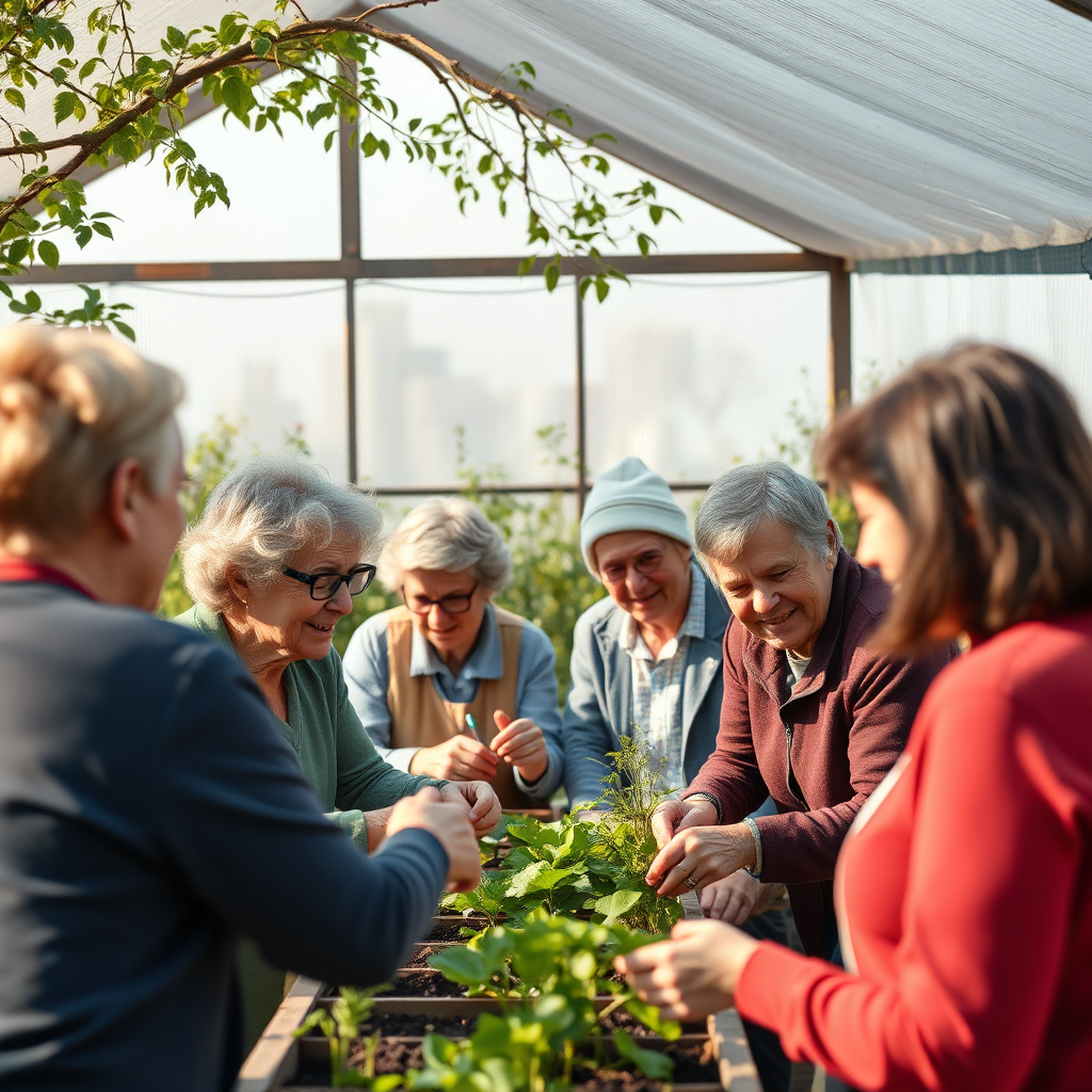 Create a photorealistic image depicting individuals participating in an aftercare support group. Show them engaged in a community activity, such as gardening or volunteering. The scene should convey a sense of camaraderie and support. Use a natural, warm color palette and a wide-angle shot to capture the group dynamic. 4K resolution.