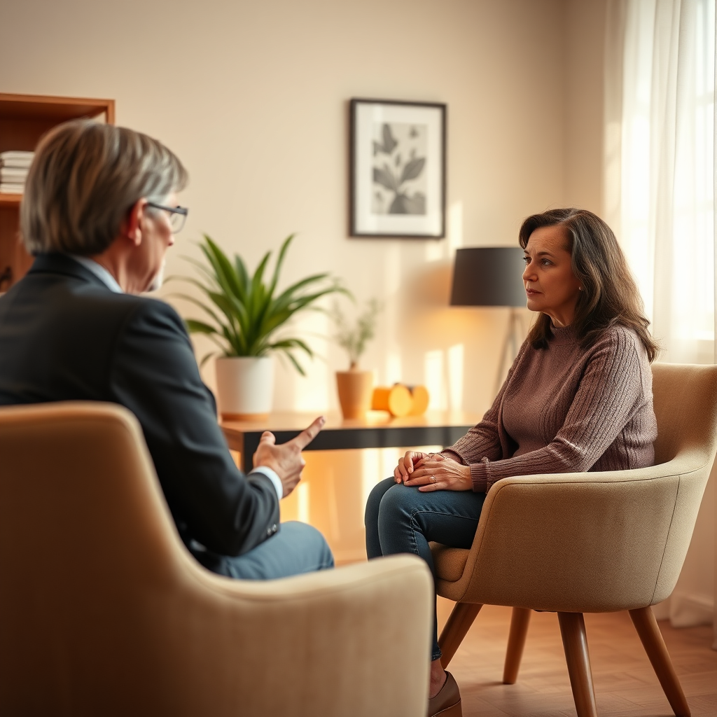 Create a photorealistic image of a warm and inviting counseling room. A therapist is seated across from a client, listening attentively. The atmosphere should be calm and supportive. Focus on the non-verbal communication and empathetic connection between them. Use soft, natural lighting and a close-up shot. 4K resolution.