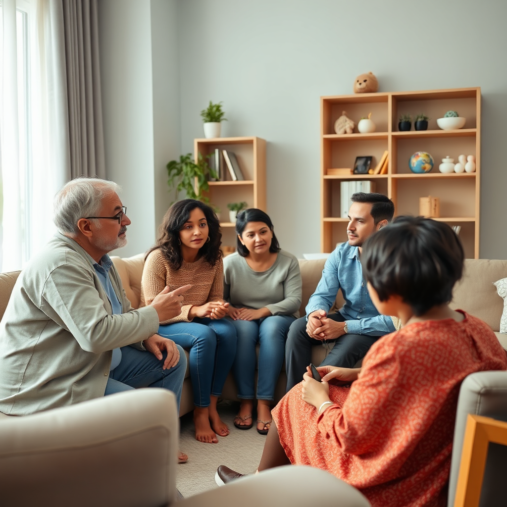 Create a photorealistic image of a family therapy session. A therapist facilitates a discussion between family members, focusing on healthy communication and conflict resolution. Show a diverse family group in a comfortable setting. Use a wide-angle shot to capture the family dynamic. 4K resolution.