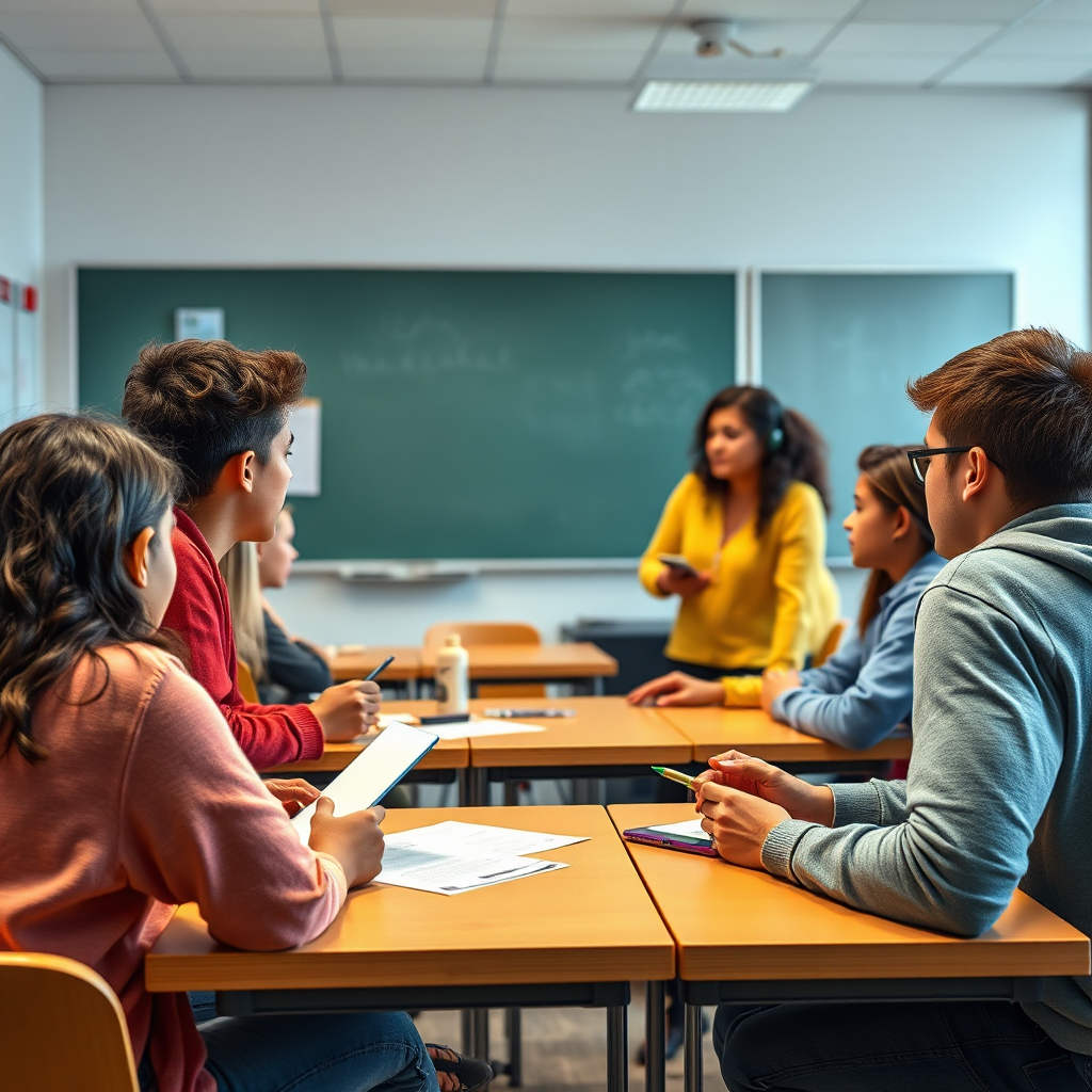 Create a photorealistic image of a classroom setting where students are participating in an interactive addiction prevention program. Show a facilitator leading a discussion and engaging the students in activities. 4K resolution.