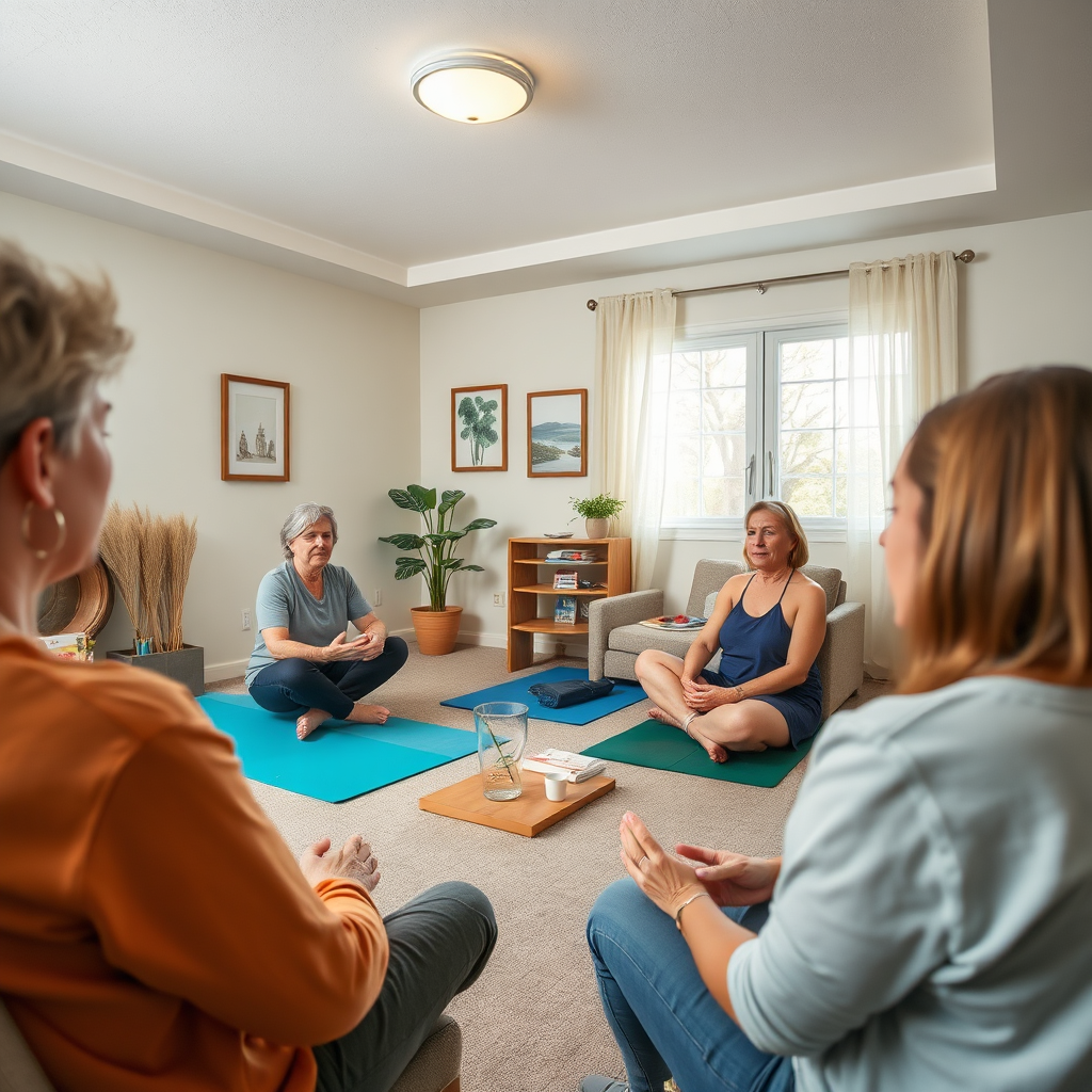 Create a photorealistic image depicting a serene rehabilitation center environment. The focus should be on a group therapy session with participants engaged in a supportive discussion. The room should be well-lit and comfortable, with soft colors and calming decor. Show elements like yoga mats or art supplies to represent holistic approaches. Camera angle: Eye-level, focusing on the faces of the participants to convey empathy. 4K resolution.