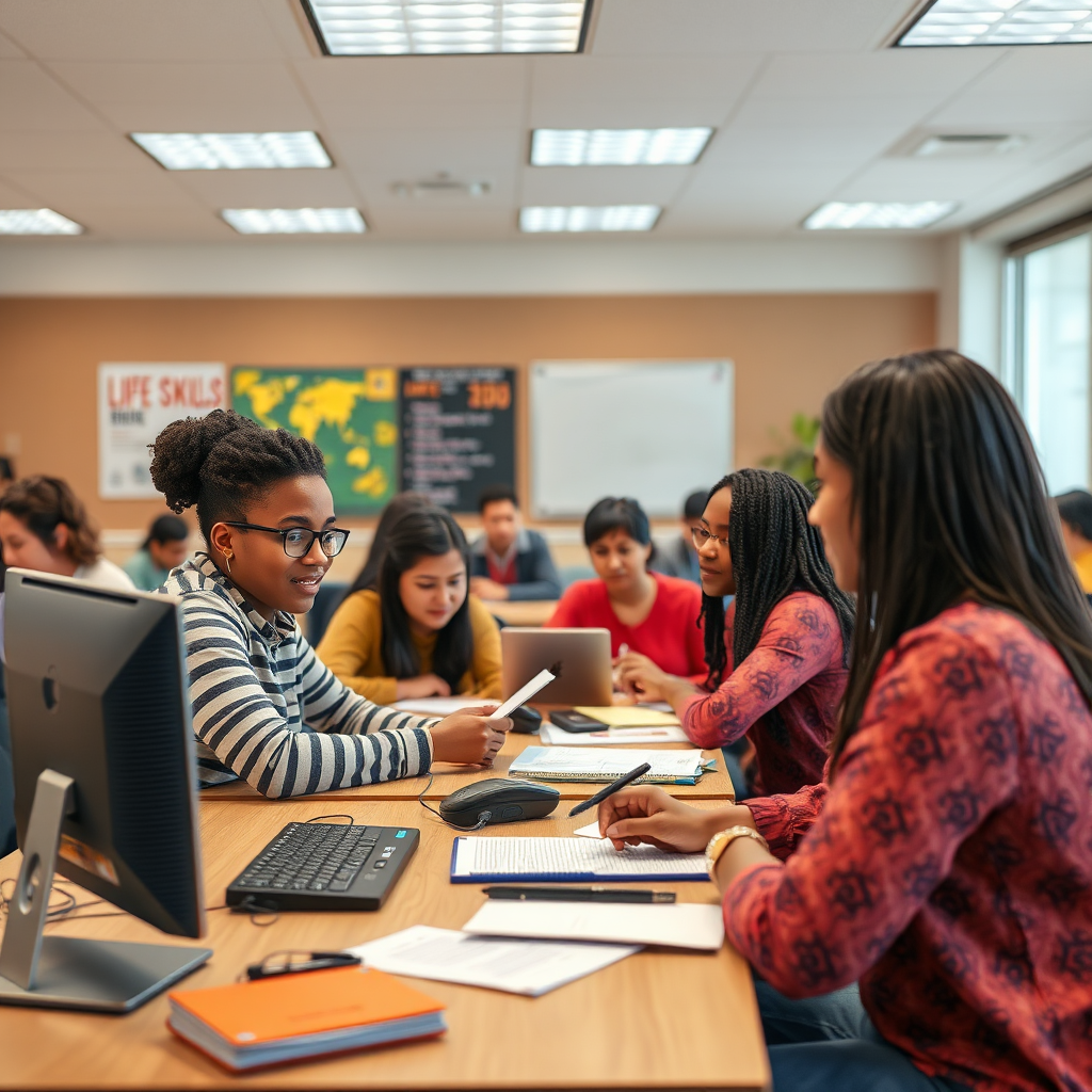 Create a photorealistic image of a life skills training workshop. Show participants actively engaged in learning practical skills, such as using a computer, creating a budget, or practicing interview techniques. The atmosphere should be positive and encouraging. 4K resolution.