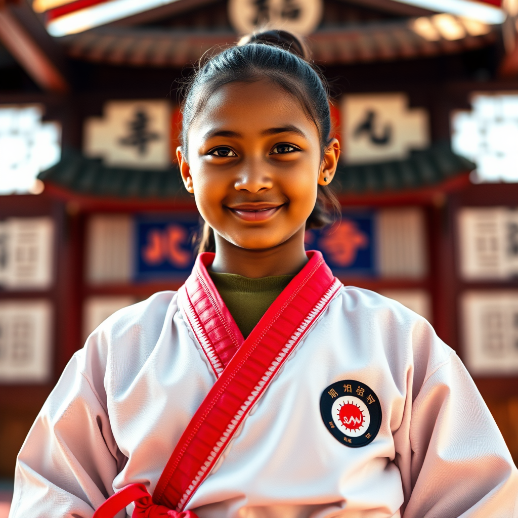 Create a portrait of Safiyah Johnson in her Taekwondo uniform, proudly displaying her red belt. The setting is a sunlit dojo with traditional Korean design elements in the background. She exudes confidence and determination, with a slight smile. The lighting should be soft and natural, highlighting her youthful features. Colors are warm and inviting. The camera angle is slightly low, conveying respect and admiration. The texture of the uniform and her focused gaze should be detailed. Style: Inspirational athlete portrait. Technical specs: 4K resolution, high quality rendering.