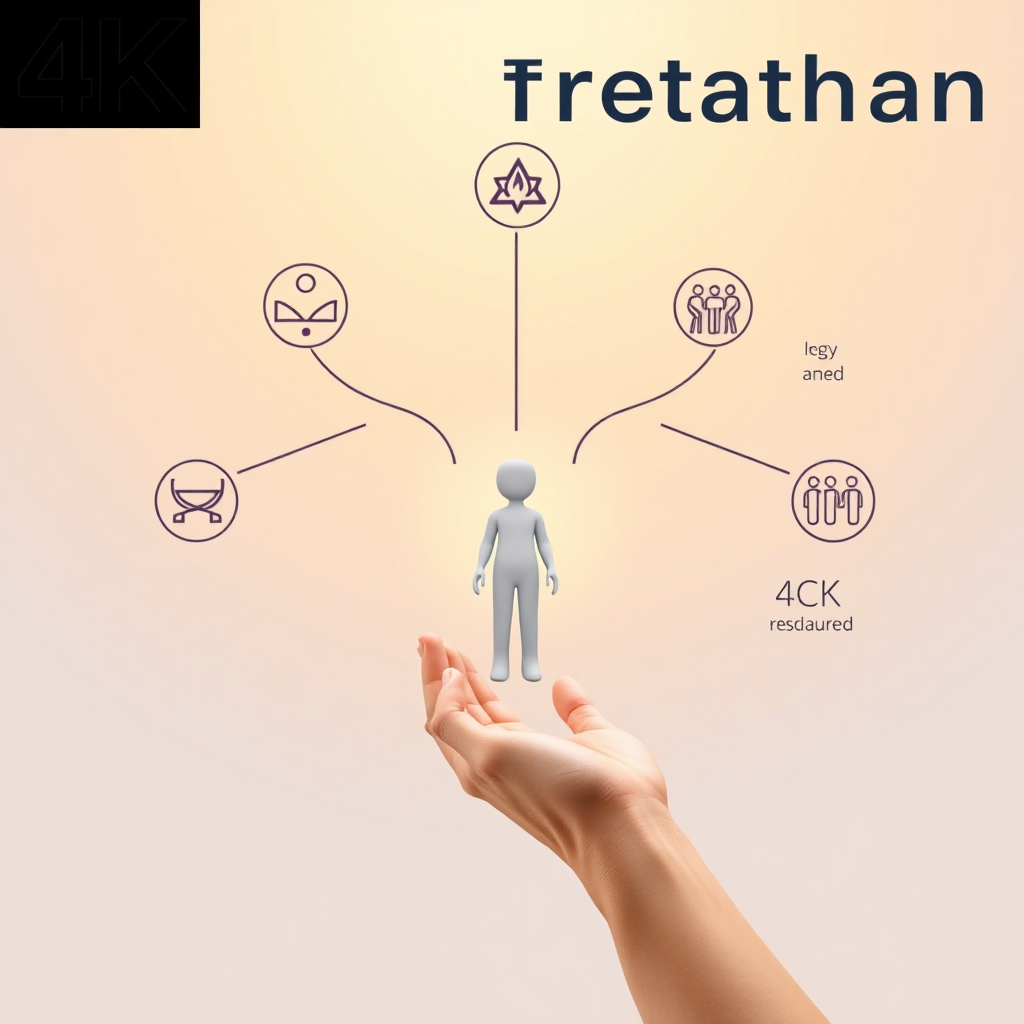 Create a stylized image representing a personalized treatment plan. Visualize a branching path with various symbols representing different therapeutic approaches (e.g., meditation, art therapy, group counseling). Use a warm color palette and a soft, diffused light. Show a hand gently guiding a figure along the path. 4K resolution, high quality.