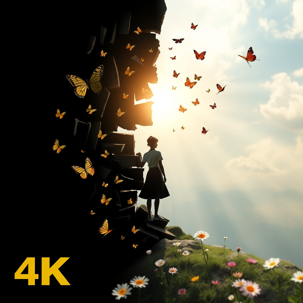 Create a stylized image representing healing from trauma. Visualize a person emerging from a dark, fragmented space into a bright, open area filled with light and hope. Use symbolic elements like butterflies or blooming flowers to represent transformation. 4K resolution, high quality.