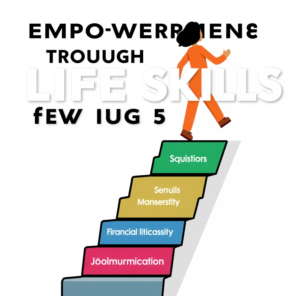Create a stylized image representing empowerment through life skills. Visualize a person climbing a staircase, with each step representing a different life skill (e.g., financial literacy, job readiness, communication skills). Use a bright and optimistic color palette. 4K resolution, high quality.