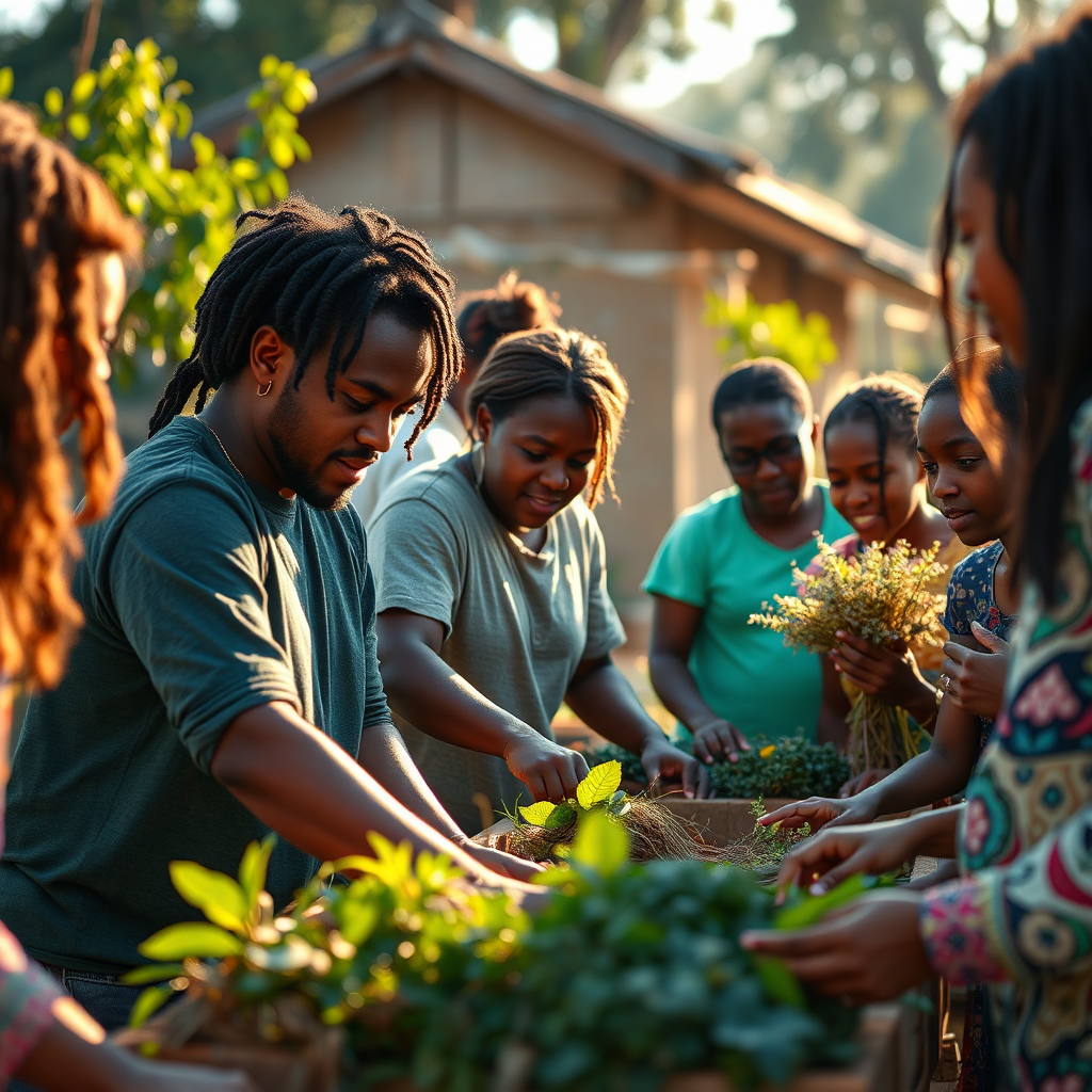 Create an image showing a diverse group of people working together on a community project, bathed in warm, natural light. The scene exudes hope and collaboration. Colors: Earth tones, vibrant greens, and soft blues. Style: Photorealistic, uplifting, and inspiring. Resolution: 4K, high quality.