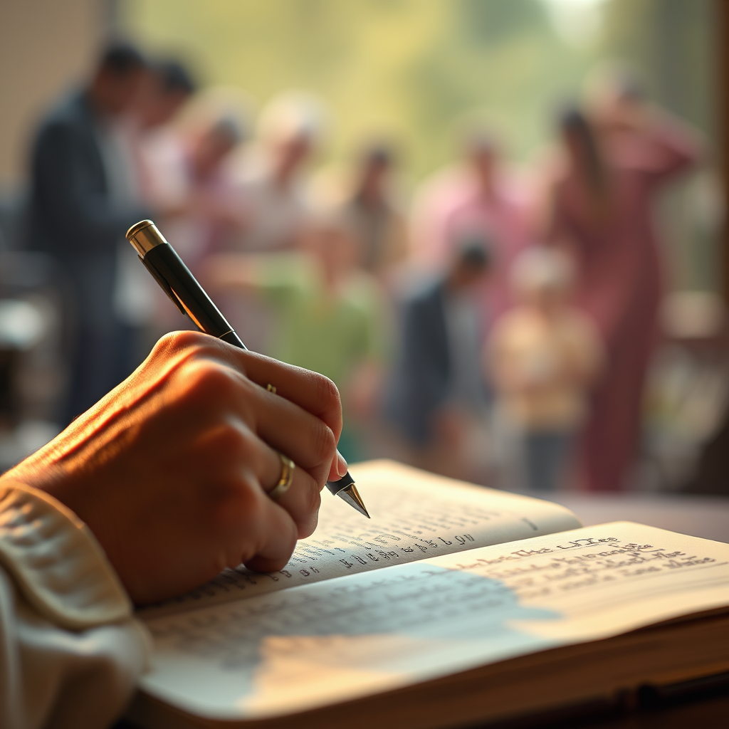 Depict a hand gently writing in a journal. The journal entry should subtly transition into a vibrant scene representing the organization's impact. Soft, warm lighting should illuminate the hand and journal. Background is out of focus but should suggest community. Colors: warm browns, creams, and subtle greens. Style: photorealistic with a touch of dreamlike quality. Resolution: 4K, high quality.