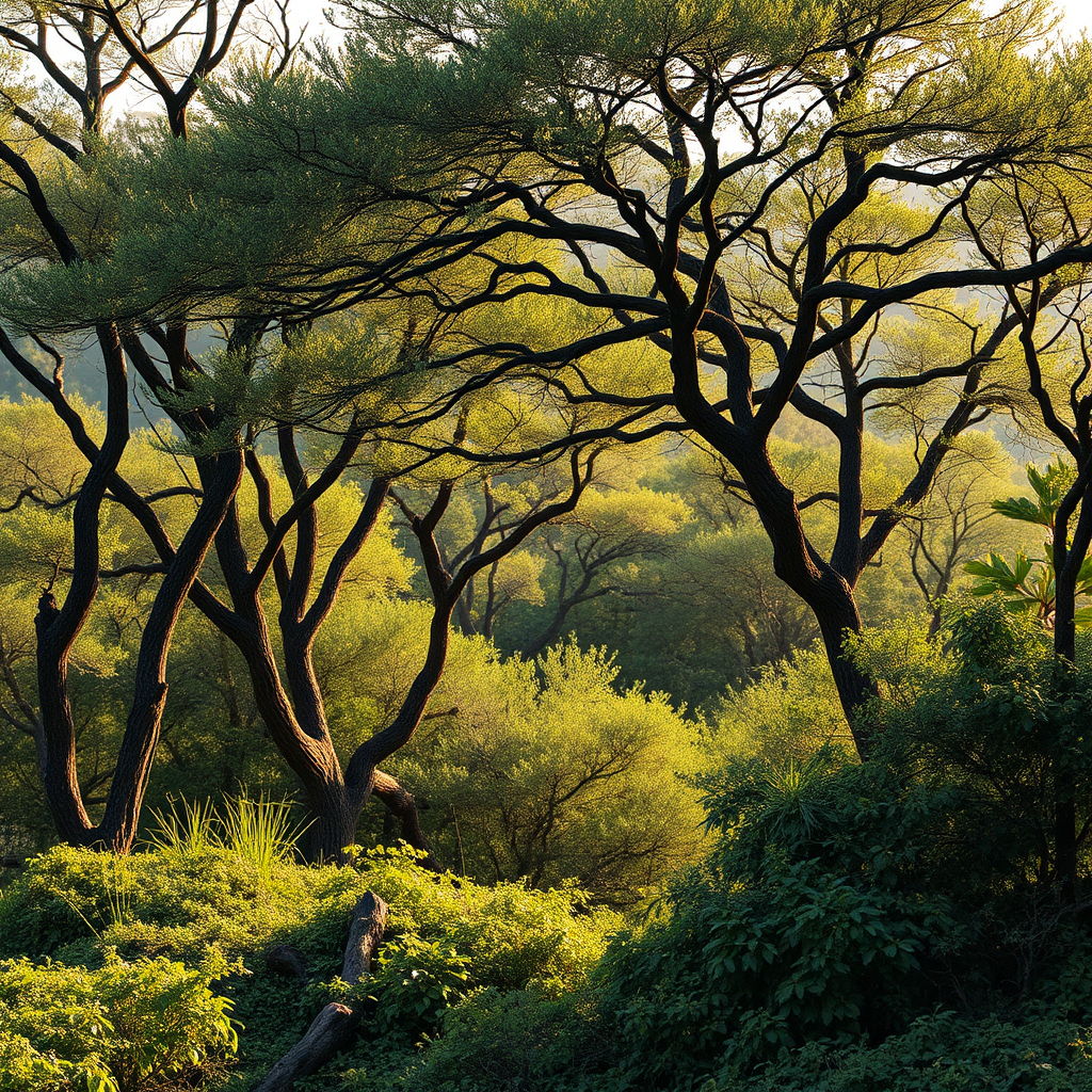 A stylized image of a lush garden with a wide variety of flowers, plants, and trees. The lighting is soft and warm. The colors are vibrant and inviting. The camera angle is a medium shot, showing the entirety of the garden. Texture details capture the petals, leaves, and bark. Style: Impressionistic realism. Technical Specs: 4K resolution, high quality.
