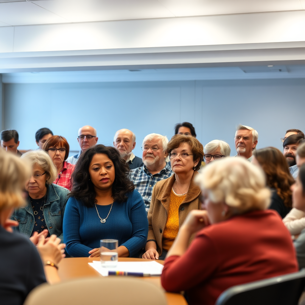 Image showing a group of diverse Spring Lake residents participating in a town hall meeting, expressing their opinions and concerns. Robyn Chadwick is listening attentively. The scene should be inclusive and democratic. 4K resolution, high quality.