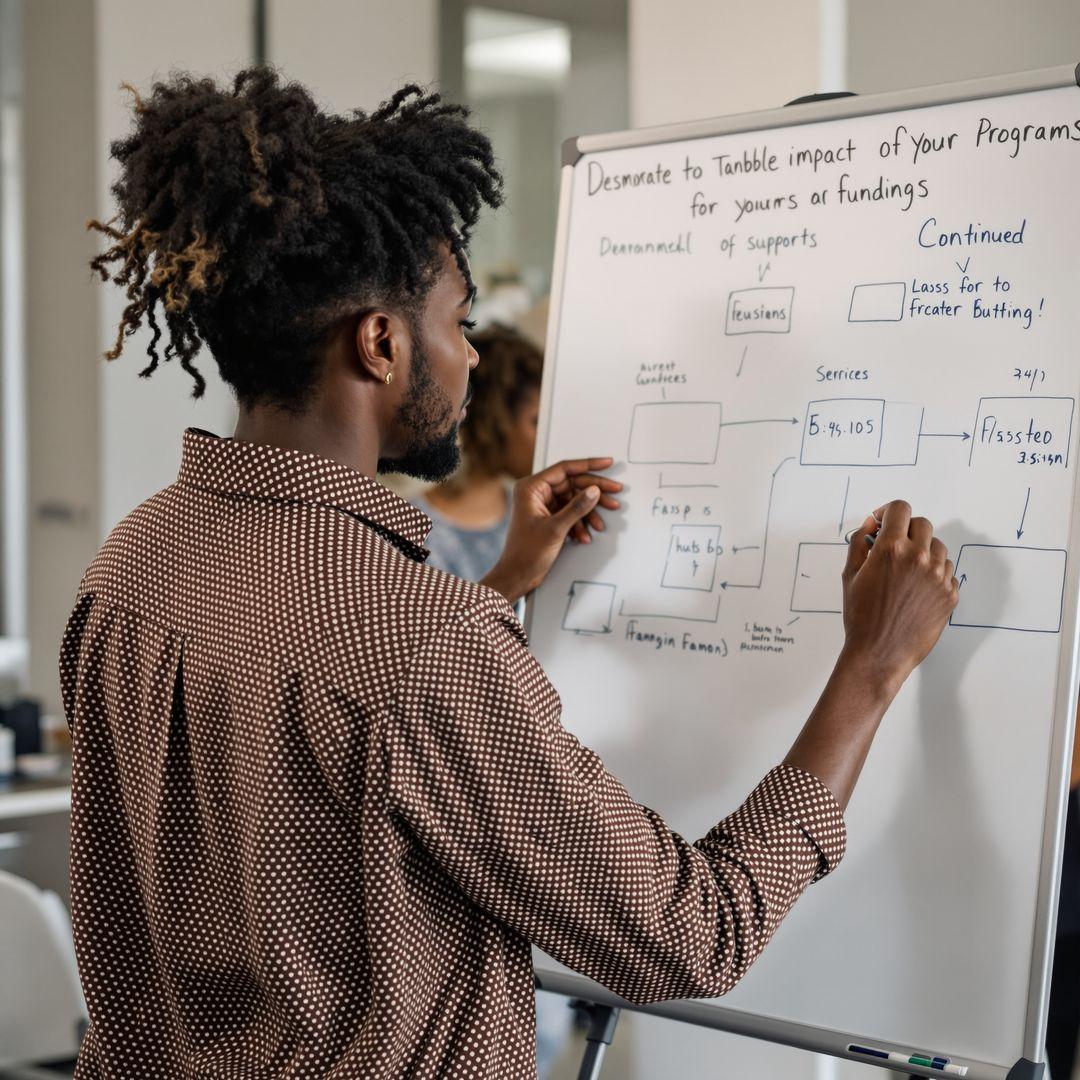 Show a stylized graph depicting upward growth, with each data point representing a positive outcome. Overlaid on the graph are images of people benefiting from the organization's work. Colors: greens, blues, and yellows. Style: Modern, clean, data-driven. Resolution: 4K, high quality.