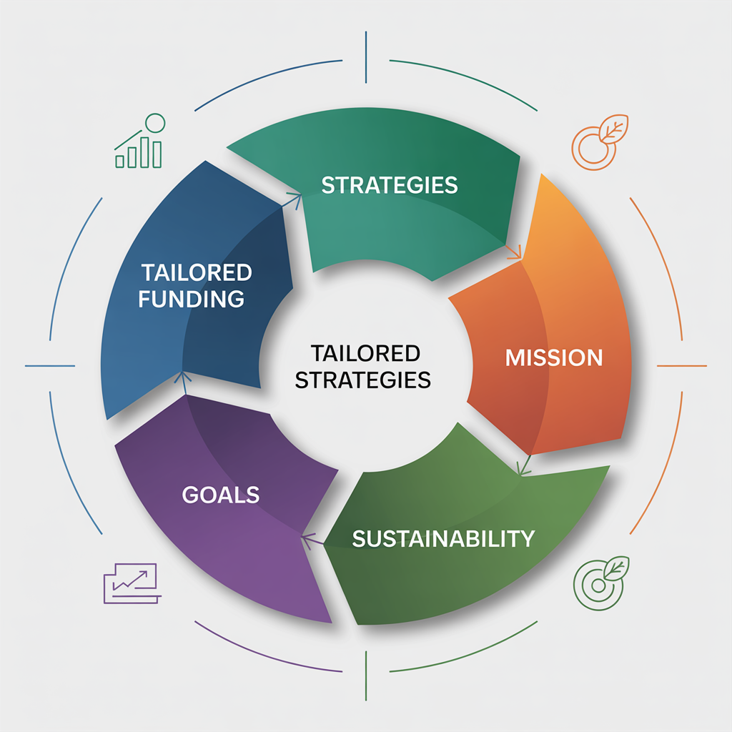 A strategic roadmap leading towards a thriving community. Symbols representing diverse funding streams feed into the road. Soft, diffused light. Colors: Golds, greens, and blues. Style: Slightly stylized, purposeful.