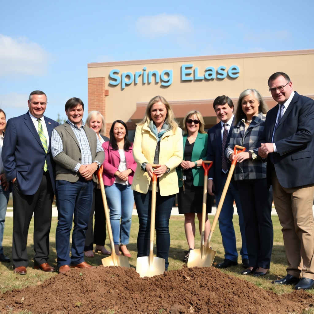 Photorealistic image of a groundbreaking ceremony for a new business in Spring Lake, with Robyn Chadwick participating alongside community leaders. The scene should be optimistic and forward-looking. 4K resolution, high quality.