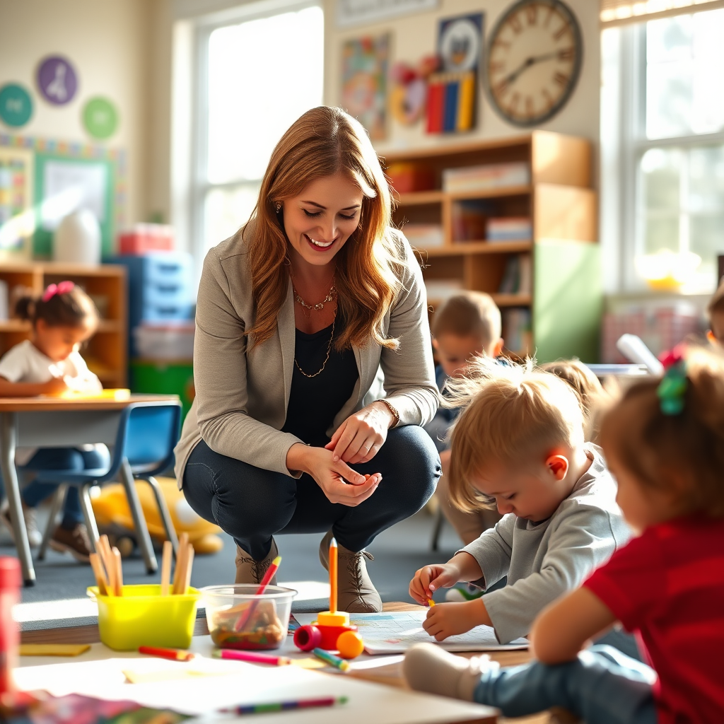 Photorealistic image of Robyn Chadwick visiting a local Spring Lake elementary school. She is kneeling down, interacting with children as they work on a project. The classroom should be bright and inviting, filled with learning materials. Natural light streams in from the windows, illuminating the scene. Colors should be vibrant and cheerful, reflecting the energy of youth and learning. Camera: Nikon D850, lens: 24-70mm, aperture f/2.8. 4K resolution, high quality.