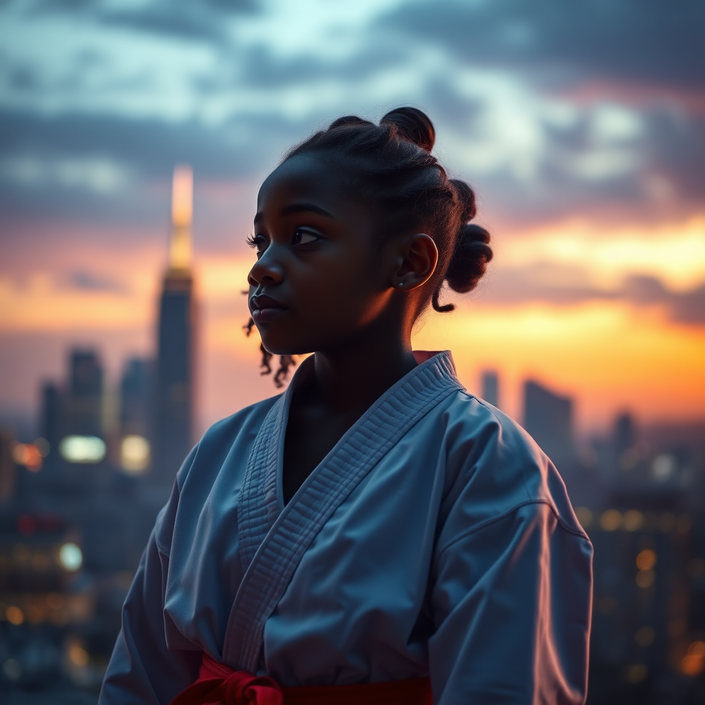 Safiyah Johnson in a contemplative pose, looking towards a distant cityscape, symbolizing her future aspirations. She is wearing her Taekwondo uniform, blending her present discipline with future ambitions. The lighting is soft and ethereal. Style: Inspirational portrait. Technical specs: 4K resolution, dreamy atmosphere.