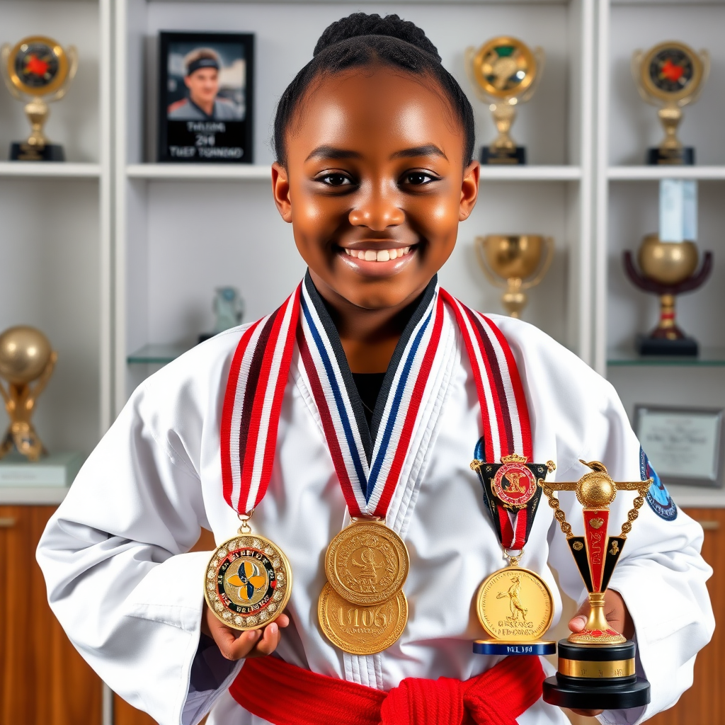 Safiyah Johnson proudly displaying her Red Belt along with various medals and trophies she has won in Taekwondo competitions. Arrange the items aesthetically to showcase her success. The background is a clean, modern display case. Style: Achievement showcase photography. Technical specs: 4K resolution, balanced lighting.