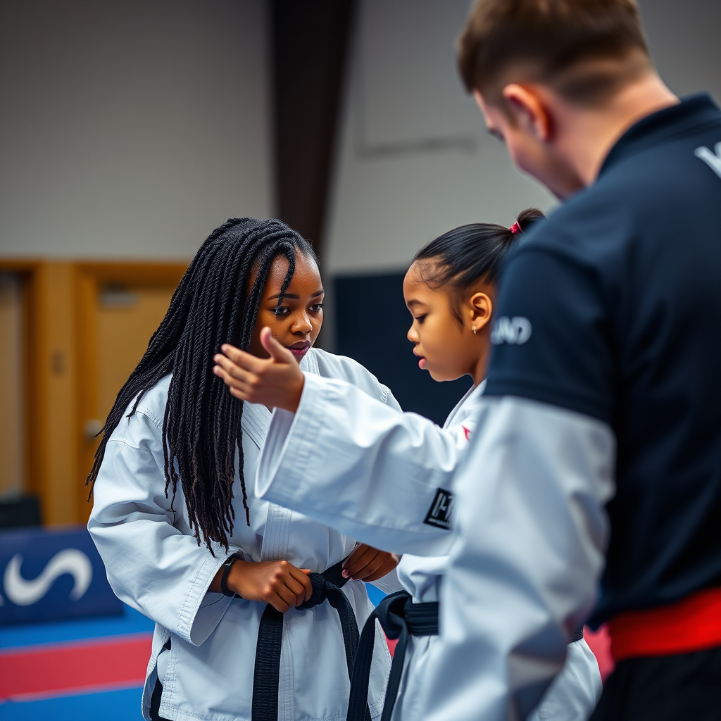 Safiyah Johnson receiving coaching and feedback from her instructor during a mock Taekwondo competition. The scene is intense and focused, highlighting the strategic aspects of the sport. Style: Intense training photography. Technical specs: 4K resolution, close-up detail.
