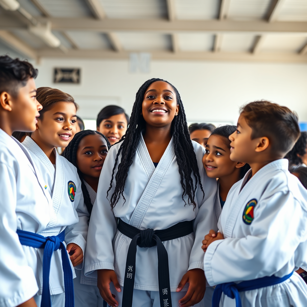 Safiyah Johnson surrounded by a group of admiring young Taekwondo students, all looking up to her with inspiration. The scene is set in a bright and airy dojo. Focus on the connection between Safiyah and her young admirers. Style: Inspirational group photography. Technical specs: 4K resolution, natural light.