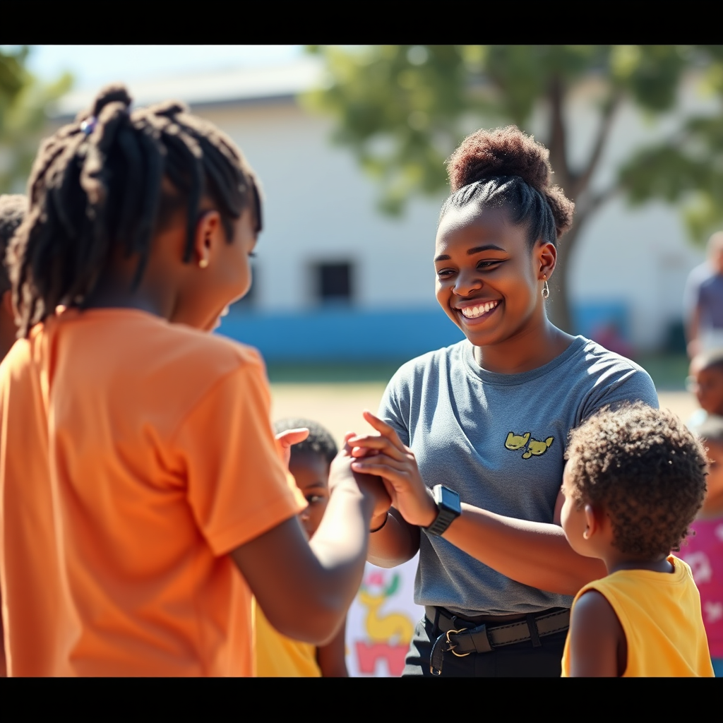 Safiyah Johnson volunteering at a local community event, teaching basic self-defense techniques to children. The scene is bright and cheerful, emphasizing her commitment to giving back. Focus on interaction and positive energy. Style: Documentary photography. Technical specs: 4K resolution, vibrant colors.